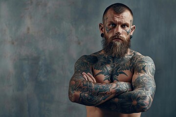 Wall Mural - Handsome beard man with a lot of tattoos on his body