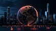 © JP STUDIO LAB - Corporate leader, glowing digital Earth, city skyline, interconnected networks, technology-driven world