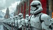 © Monty - A group of stormtroopers with visibly worn and damaged armor stand in formation in a dystopian, futuristic world scene.