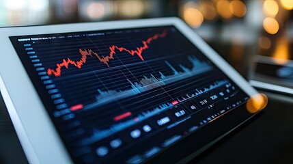 Poster - Detailed shot of a stock chart with market trends and performance metrics displayed on a tablet or laptop -