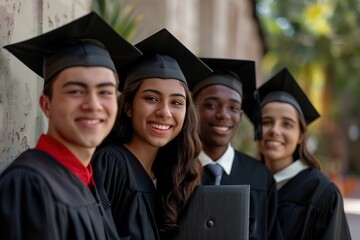 Wall Mural - Group of young graduate students in graduation gown and cap standing on a college campus