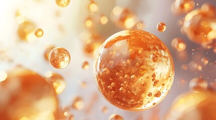 Wall Mural - A close-up of vibrant, golden bubbles floating gracefully in soft light.