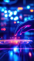 Poster - A vibrant hand interacting with a glowing digital display, showcasing technology and innovation in a modern environment.