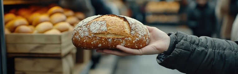 A person's hand accepts a loaf of bread at a community food distribution for those in need