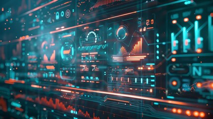 Poster - Cutting-edge digital interface displaying detailed analytical data and charts with a vibrant mix of orange and blue graphics, showcasing technology advancements.