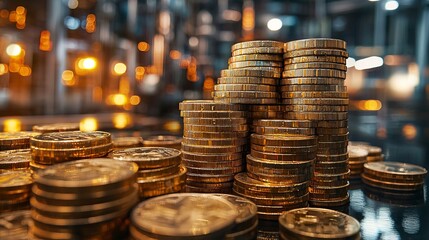 A close-up view of shiny gold coins stacked in a visually striking arrangement, showcasing wealth and prosperity.