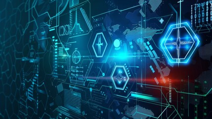 Aufkleber - A high-tech digital interface with glowing holographic icons and data, embodying the essence of futuristic technology and innovation, with a sleek design.