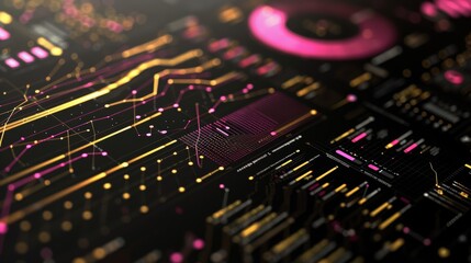 Poster - The image shows a vibrant data visualization with neon pink and orange elements, displaying various analytics and statistics on a dark background.