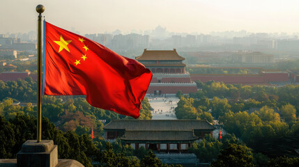 Wall Mural - Chinese red flag with stars on the background of Beijing, state symbol, China, People's Republic of China, PRC, travel, city, traditional architecture, national sign