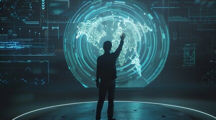 Aufkleber - Individual interacts with a holographic world map, illustrating advanced technology, data integration, and futuristic innovation.