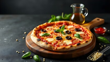 A wooden board featuring a delicious pizza, accompanied by a scoop and a jug of oil. The vibrant colors and textures of the ingredients create an inviting and appetizing presentation