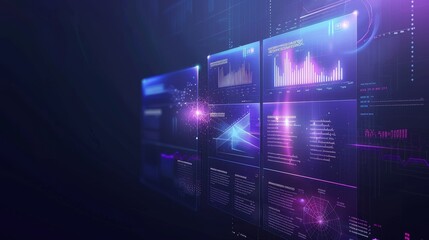 Aufkleber - Three digital screens showcase a blend of data, graphs, and analytics, revealing a high-tech interface with a vibrant futuristic design.