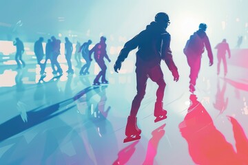 Group of people skateboarding together on a reflective surface