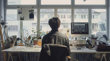 A young designer works focused at a cluttered desk in a bright studio surrounded by plants and creative tools during daylight. Back view