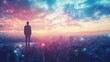 © Budi - A visionary leader stands at the edge of a skyscraper, gazing over a sprawling cityscape at sunset, symbolizing ambition, leadership, and future possibilities.