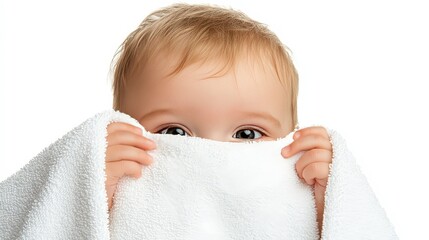 A cute baby peeking from behind a white towel, showcasing innocence and curiosity.