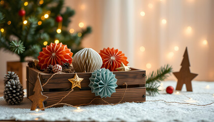 Banner. Cozy atmospheric photo, home festive atmosphere. Collection of old fashioned christmas new year foldable honeycomb toys, craft holiday decoration in vintage wooden box. Magic lights backgrou