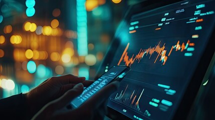 Poster - Detailed view of a financial graph showing market volatility, with a person reviewing data on a digital device -