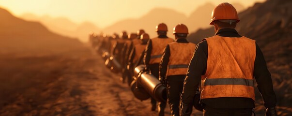 A line of miners walking through a dusty trail carrying heavy equipment toward a remote mining site, photorealistic, hyper-resolution, harsh and demanding work