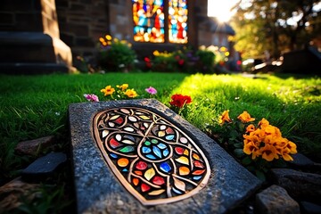 Aufkleber - A tombstone set in a small, peaceful churchyard, with colorful stained-glass windows casting light on the stone
