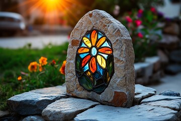 Poster - A tombstone set in a small, peaceful churchyard, with colorful stained-glass windows casting light on the stone