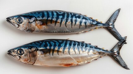 Two Fresh Mackerel Fish on White Background.