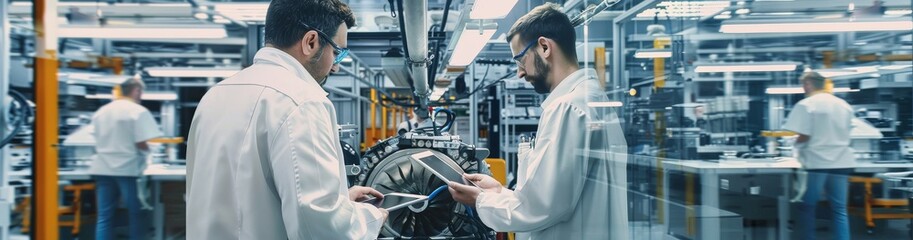 Aufkleber - Two engineers in white lab coats examining data on a digital tablet amidst cutting-edge machinery in a high-tech industrial environment, symbolizing teamwork and modern manufacturing processes.