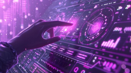 Aufkleber - A user's hand engages with an advanced holographic interface, bathed in vivid purple lights, suggesting innovation and technology.