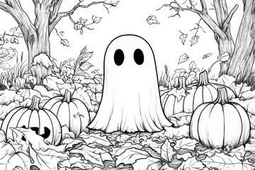 Wall Mural - A cute ghost. Surrounded by pumpkins and fall foliage. Coloring page