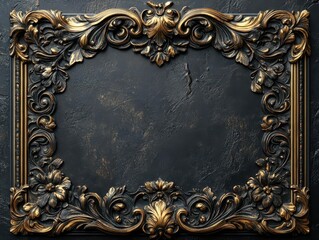 Wall Mural - ornate baroque frame with intricate golden scrollwork and floral motifs rich textures dramatic shadows and subtle patina create depth elegant and timeless design on a dark background