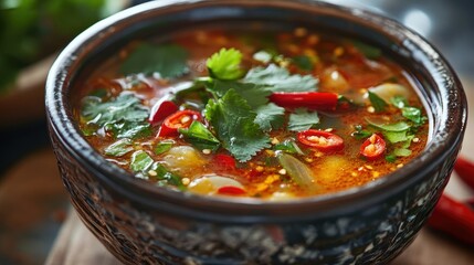 Wall Mural - Detailed view of a hot bowl of Tom Yum Goong with vibrant red chili slices and fresh cilantro, served in a traditional Thai bowl