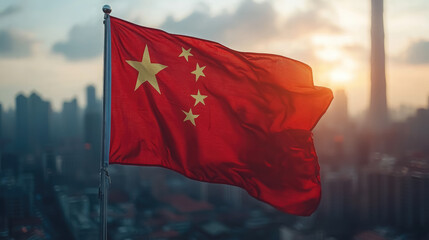 Wall Mural - Chinese red flag with stars on background of Shanghai, state symbol, China, People's Republic of China, PRC, travel, city, traditional architecture, national