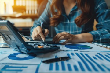 Poster - a woman sitting at a desk with a calculator and laptop, focused on her work