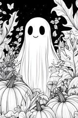 Canvas Print - A cute ghost. Surrounded by pumpkins and fall foliage. Coloring page