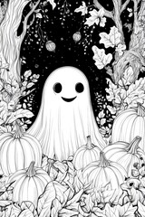 Canvas Print - A cute ghost. Surrounded by pumpkins and fall foliage. Coloring page