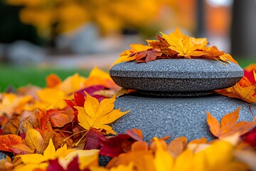 Aufkleber - A tombstone surrounded by autumn leaves, with the vibrant colors of fall contrasting against the gray stone in a serene setting