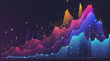 Poster - a vibrant multicolored line graph visualizes various data sets over a dark background, representing 