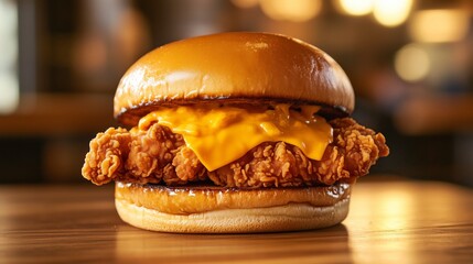 A juicy fried chicken sandwich is placed on an oak table.