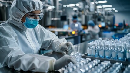 Poster - Workers in protective gear and masks work diligently in a sterile pharmaceutical laboratory, inspecting and processing vials. The focus is on maintaining a high standard of safety and precision.