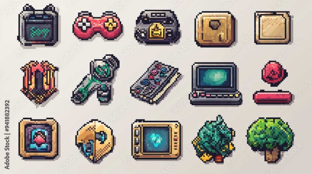 Retro Pixel Art Icon Set - Nostalgic Gaming Symbols in Classic 8-bit Style