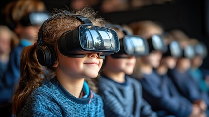Poster - schoolchildren happy wearing virtual reality goggles in computer science class at school.stock image