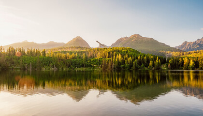 Mountain lake Strbske pleso. Strbske lake with view of the High Tatras National Park, Slovakia