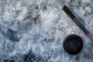 Wall Mural - A hockey stick and puck on a frozen surface, great for winter sports or outdoor activities