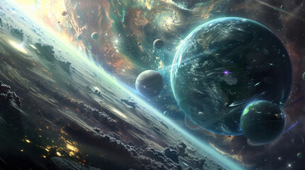 Wall Mural - space scene, masterpiece, a lot of planets and moons, otherworldly, mind blowing