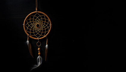 Wall Mural - Top view of dreamcatcher, fortune telling stones and magic rune on dark wooden background isolated with white highlights, png