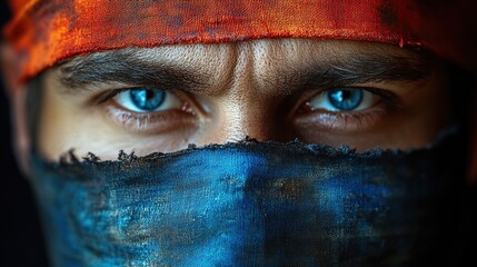 Poster - black background man blindfolded with russian flag closed eyes concept people propaganda.illustration