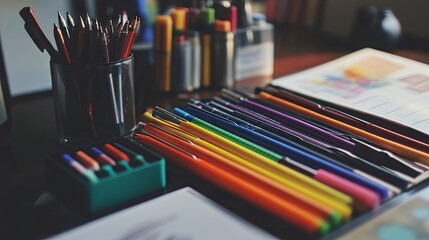 Poster - Detailed view of a workspace with colored pens arranged by color on a desk, alongside sketchpads and creative materials