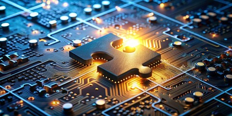 The Missing Piece A 3D Render of a Metallic Puzzle Piece on a Circuit Board, Technology, Innovation, Connection, Electronics