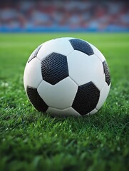 A classic black and white soccer ball rests on a lush green field, ready for the game.