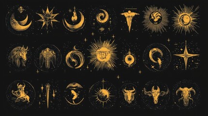 Astrology and Zodiac Vector Icon Set with Celestial Symbols for Horoscope Illustrations